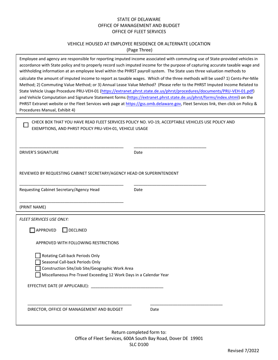 Vehicle Housed at Employee Residence or Alternate Location - Delaware, Page 3