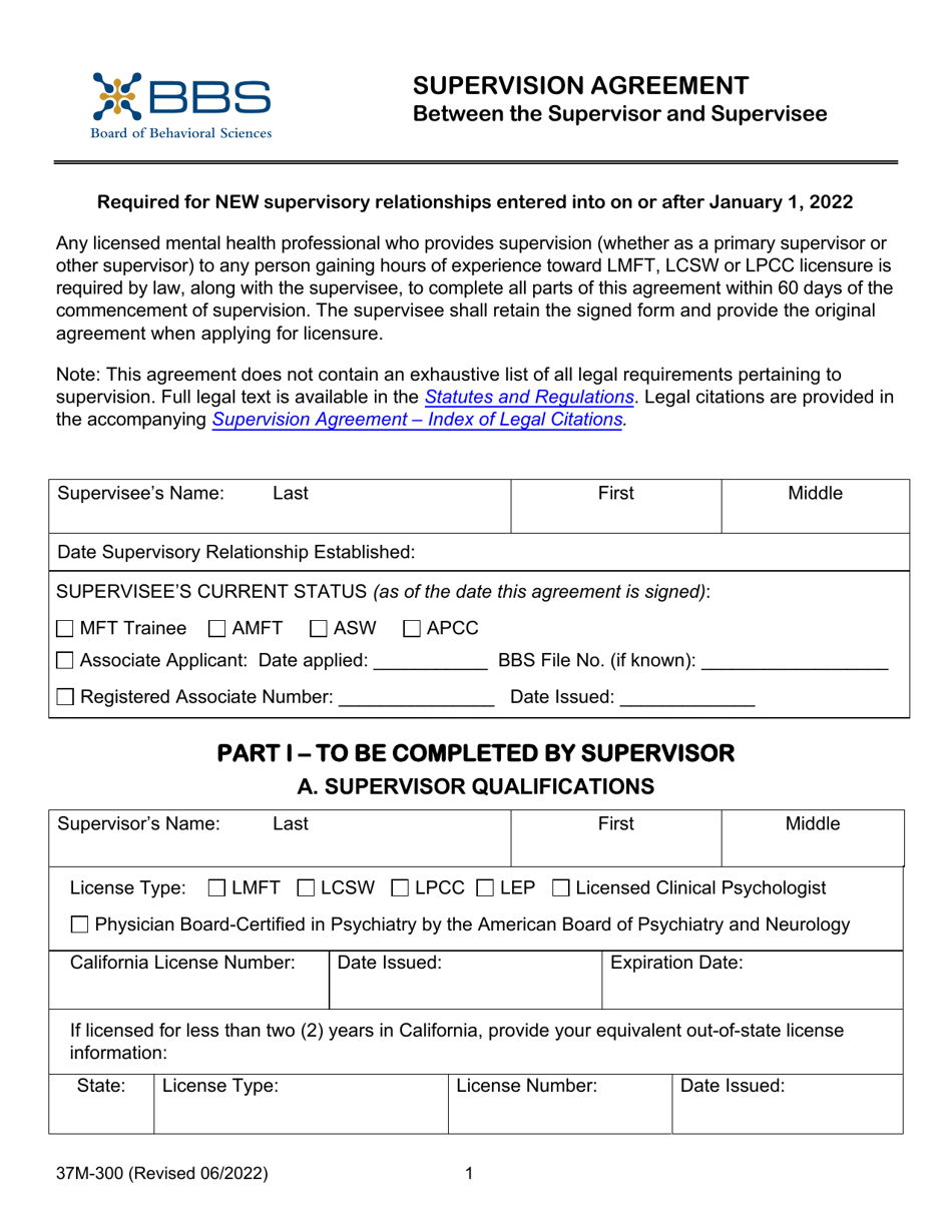 Form 37M-300 Supervision Agreement Between the Supervisor and Supervisee (For Supervisory Relationships That Began on or After January 1, 2022) - California, Page 1