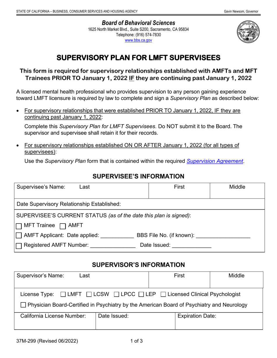 Form 37M-299 Supervisory Plan for Lmft Supervisees (For Supervisory Relationships That Began Prior to January 1, 2022 and Continued Past January 1, 2022) - California, Page 1