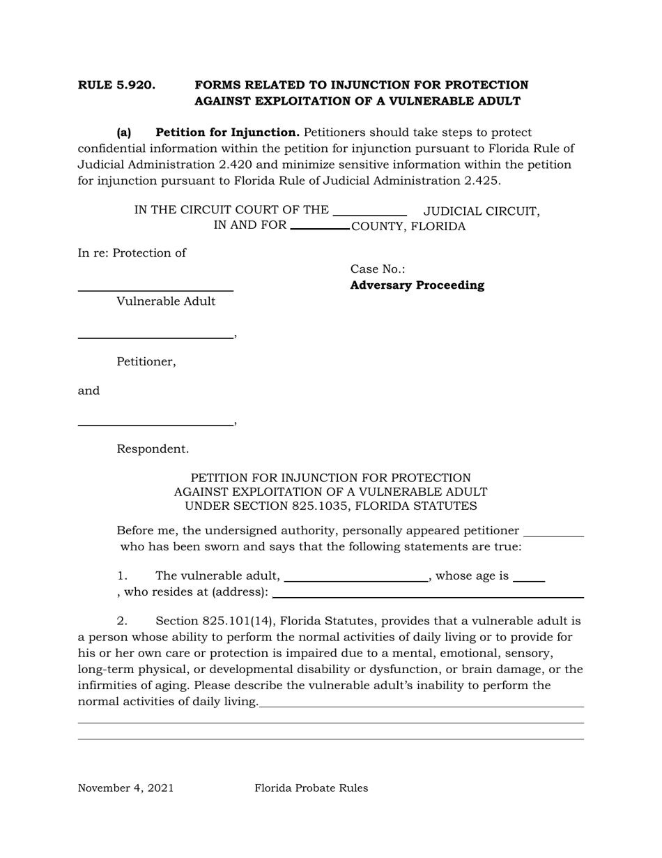 Petition for Injunction for Protection Against Exploitation of a Vulnerable Adult Under Section 825.1035, Florida Statutes - Florida, Page 1