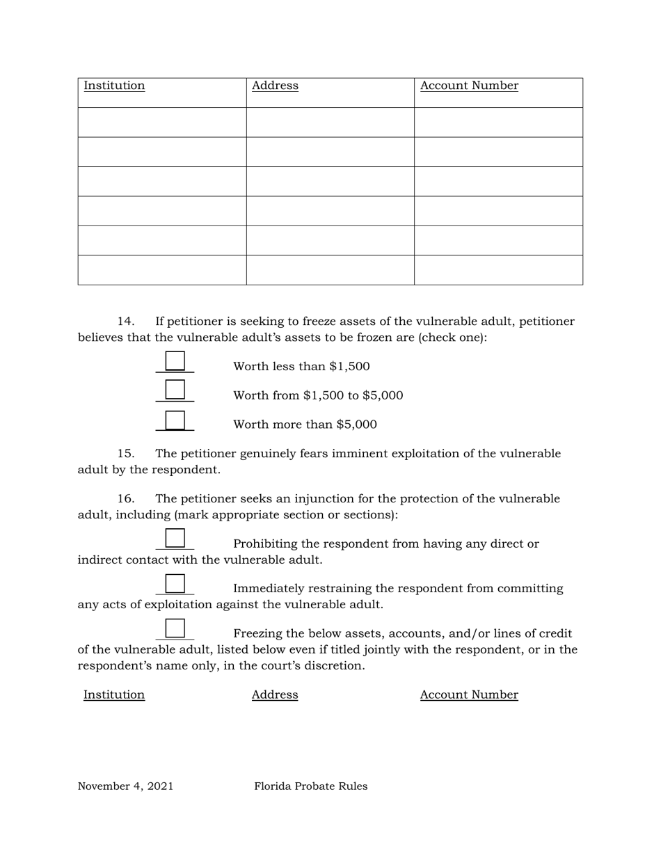 Petition for Injunction for Protection Against Exploitation of a Vulnerable Adult Under Section 825.1035, Florida Statutes - Florida, Page 4
