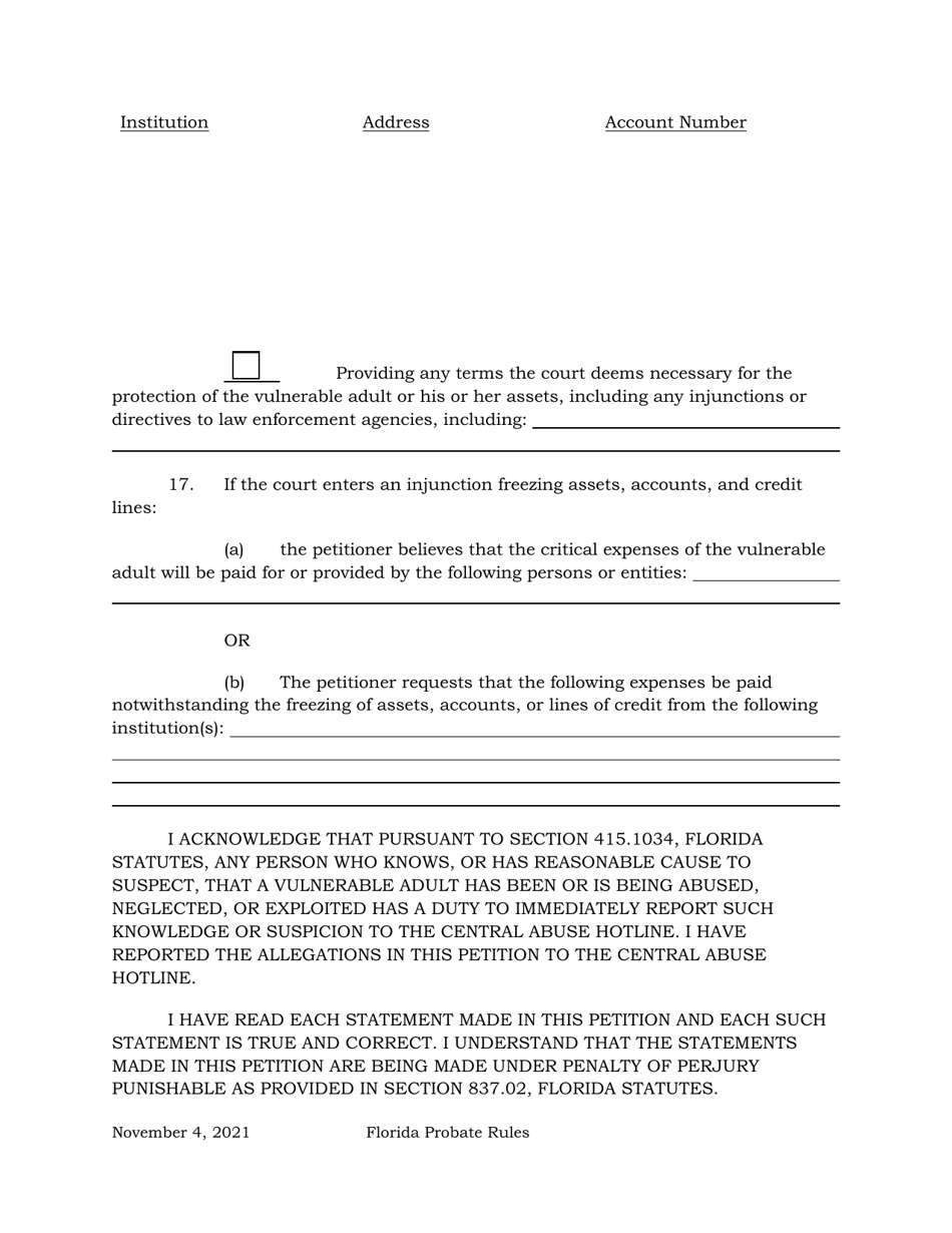 Petition for Injunction for Protection Against Exploitation of a Vulnerable Adult Under Section 825.1035, Florida Statutes - Florida, Page 5