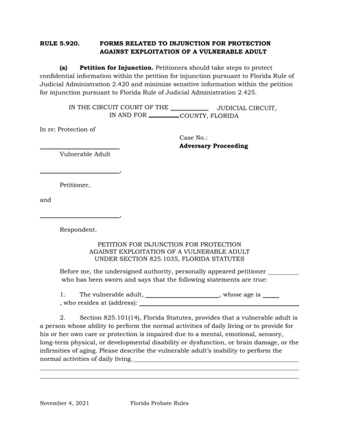 Petition for Injunction for Protection Against Exploitation of a Vulnerable Adult Under Section 825.1035, Florida Statutes - Florida Download Pdf