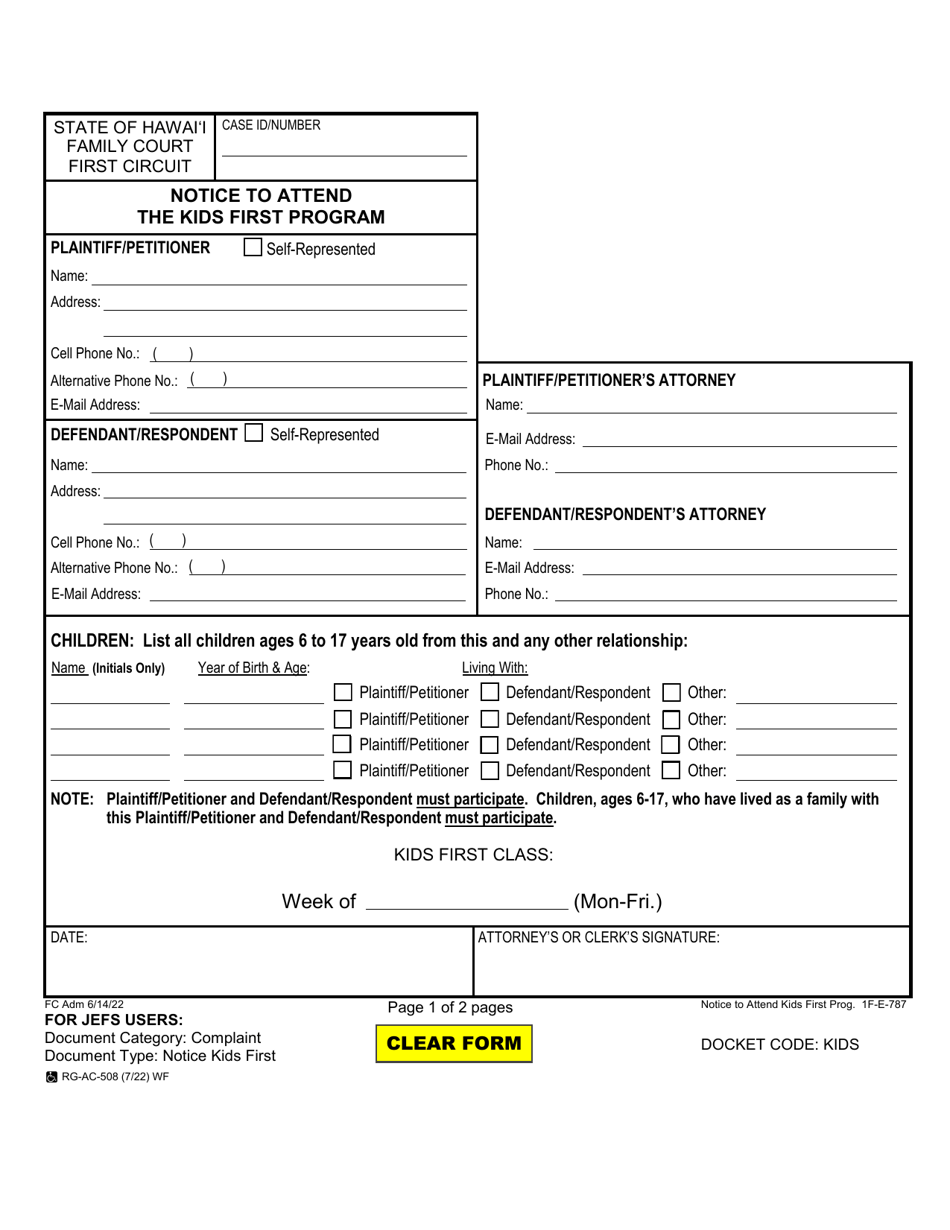 Form 1F-E-787 Notice to Attend the Kids First Program - Hawaii, Page 1