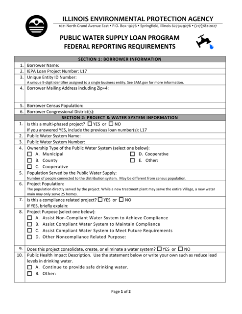Form PWS295 (IL532-3019) Federal Reporting Requirements - Public Water Supply Loan Program - Illinois