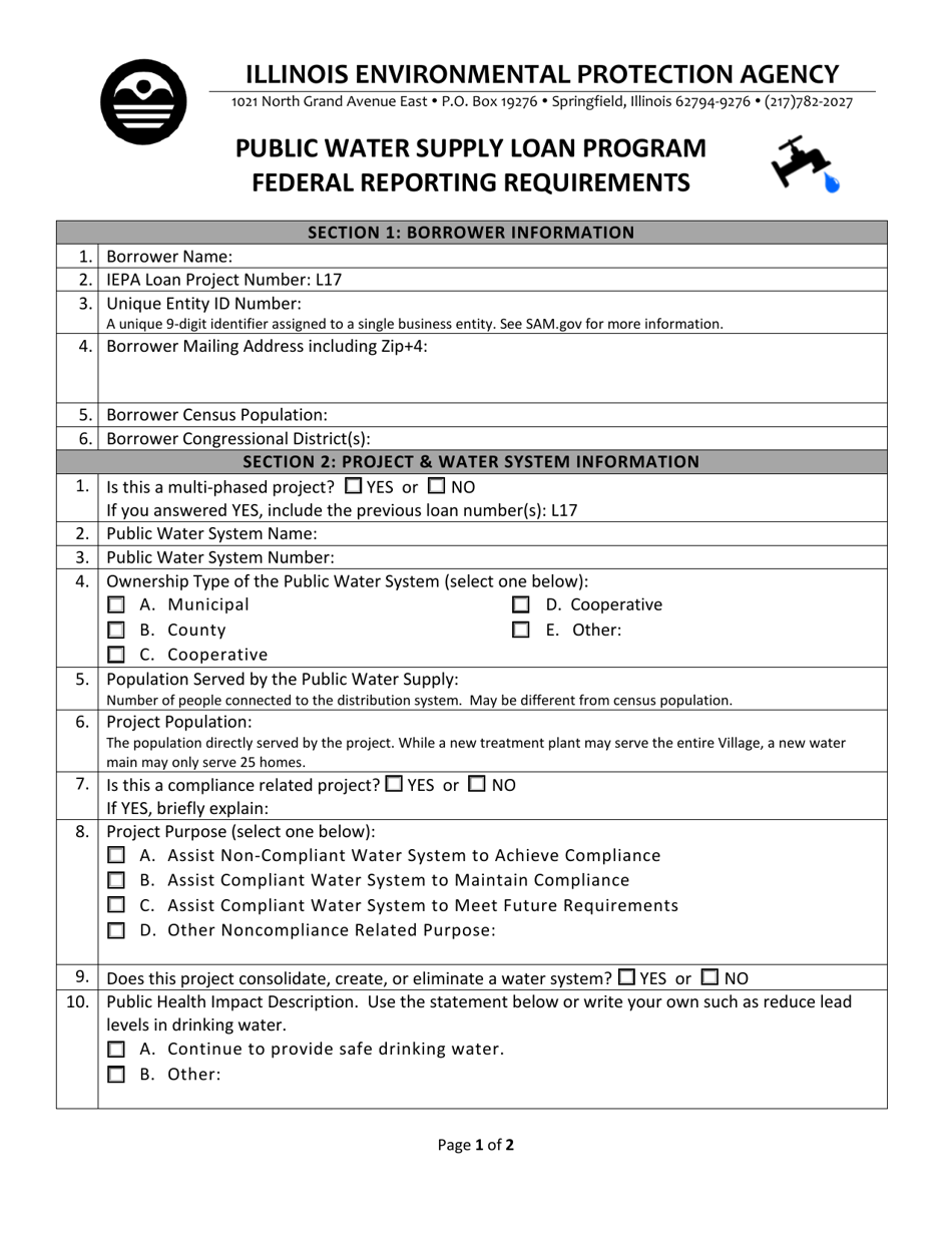 Form PWS295 (IL532-3019) Federal Reporting Requirements - Public Water Supply Loan Program - Illinois, Page 1