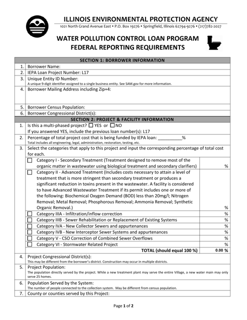 Form WPC765 (IL532-3020) Federal Reporting Requirements - Water Pollution Control Loan Program - Illinois