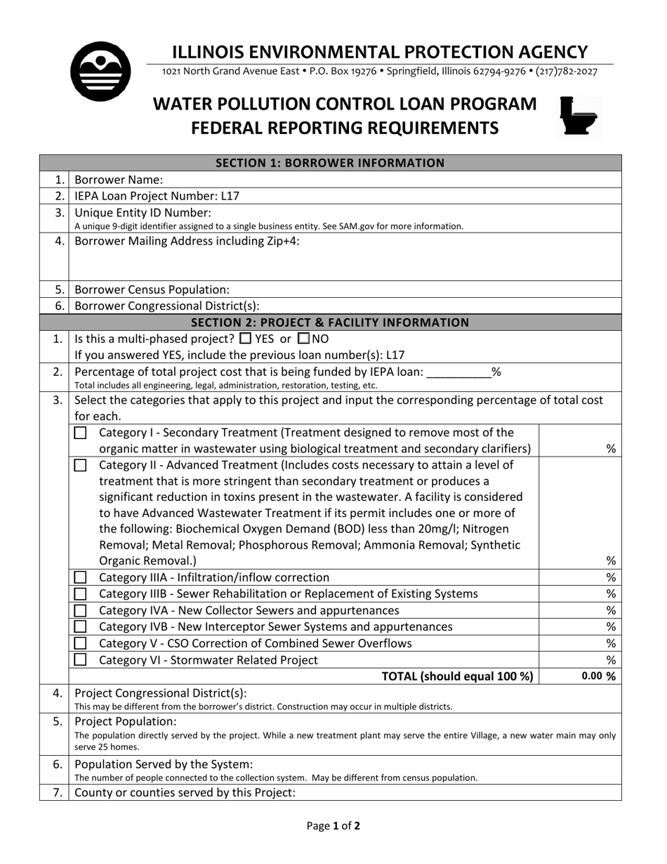 Form WPC765 (IL532-3020) Federal Reporting Requirements - Water Pollution Control Loan Program - Illinois, Page 1