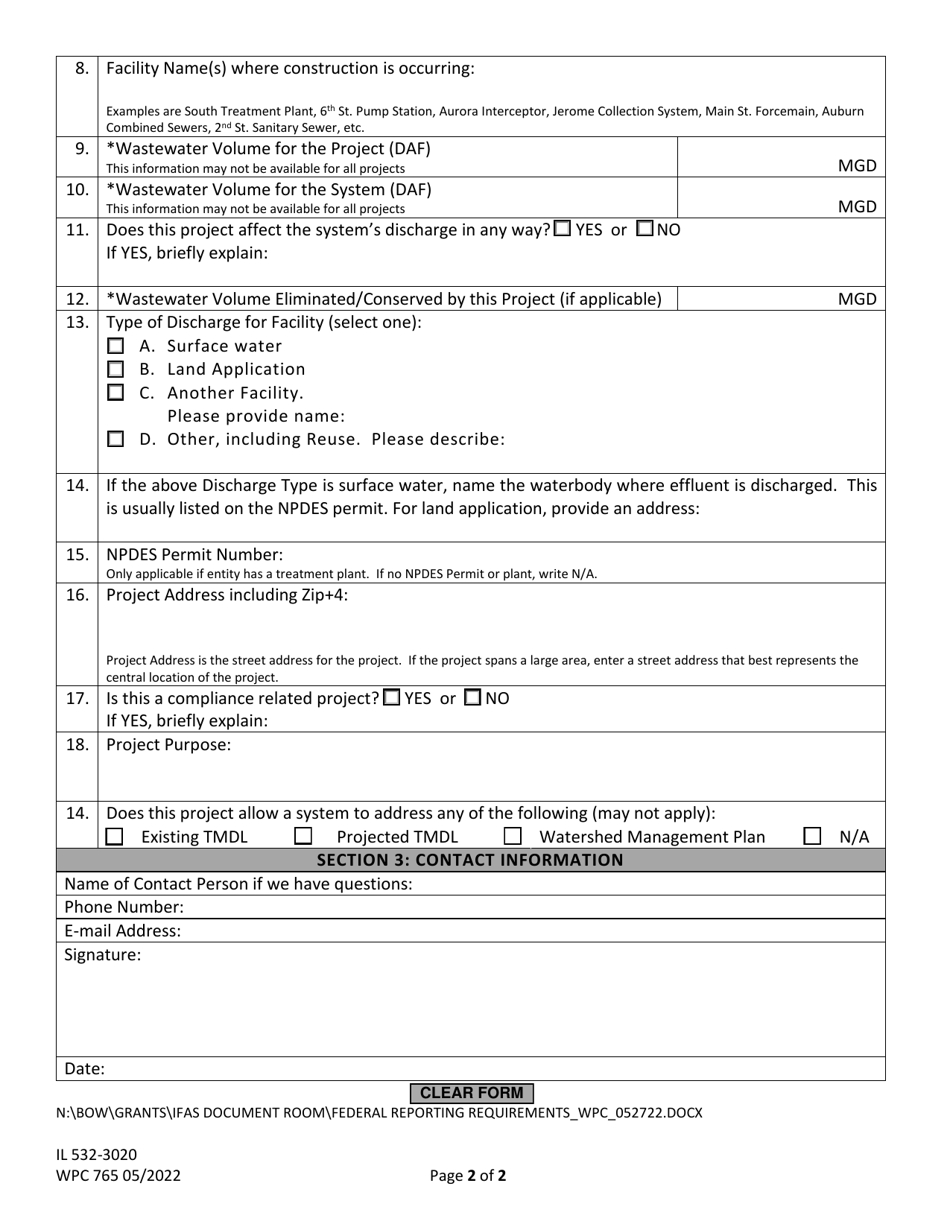 Form WPC765 (IL532-3020) Federal Reporting Requirements - Water Pollution Control Loan Program - Illinois, Page 2