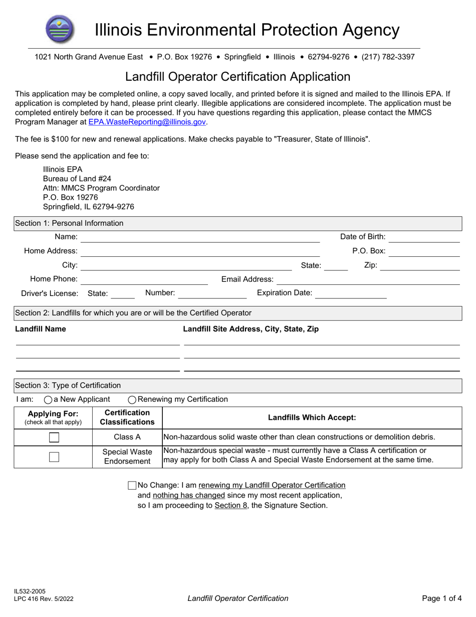 Form LPC416 (IL532-2005) Landfill Operator Certification Application - Illinois, Page 1