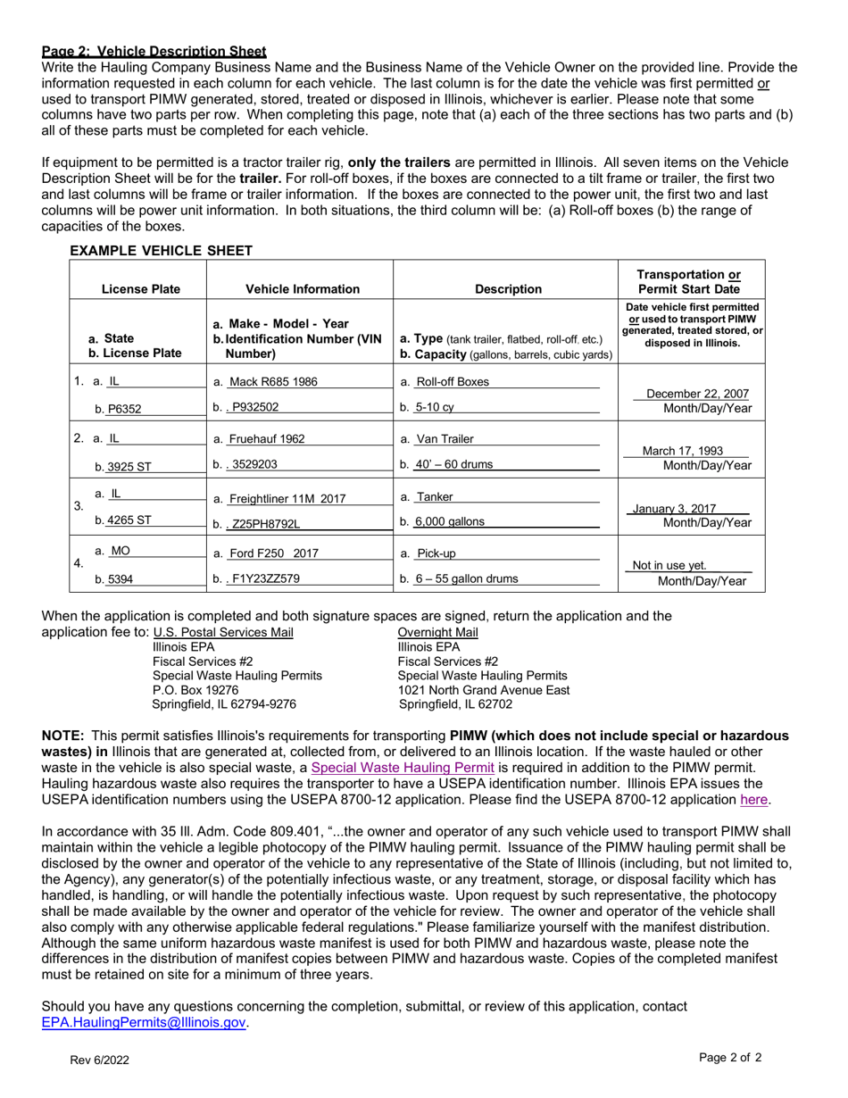 Instructions for Form LPC457, IL532-2082 Potentially Infectious Medical Waste (Pimw) Hauling Permit Application - Illinois, Page 2