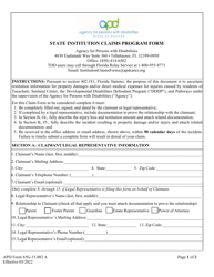 APD Form 65G-15.002 A State Institution Claims Program Form - Florida