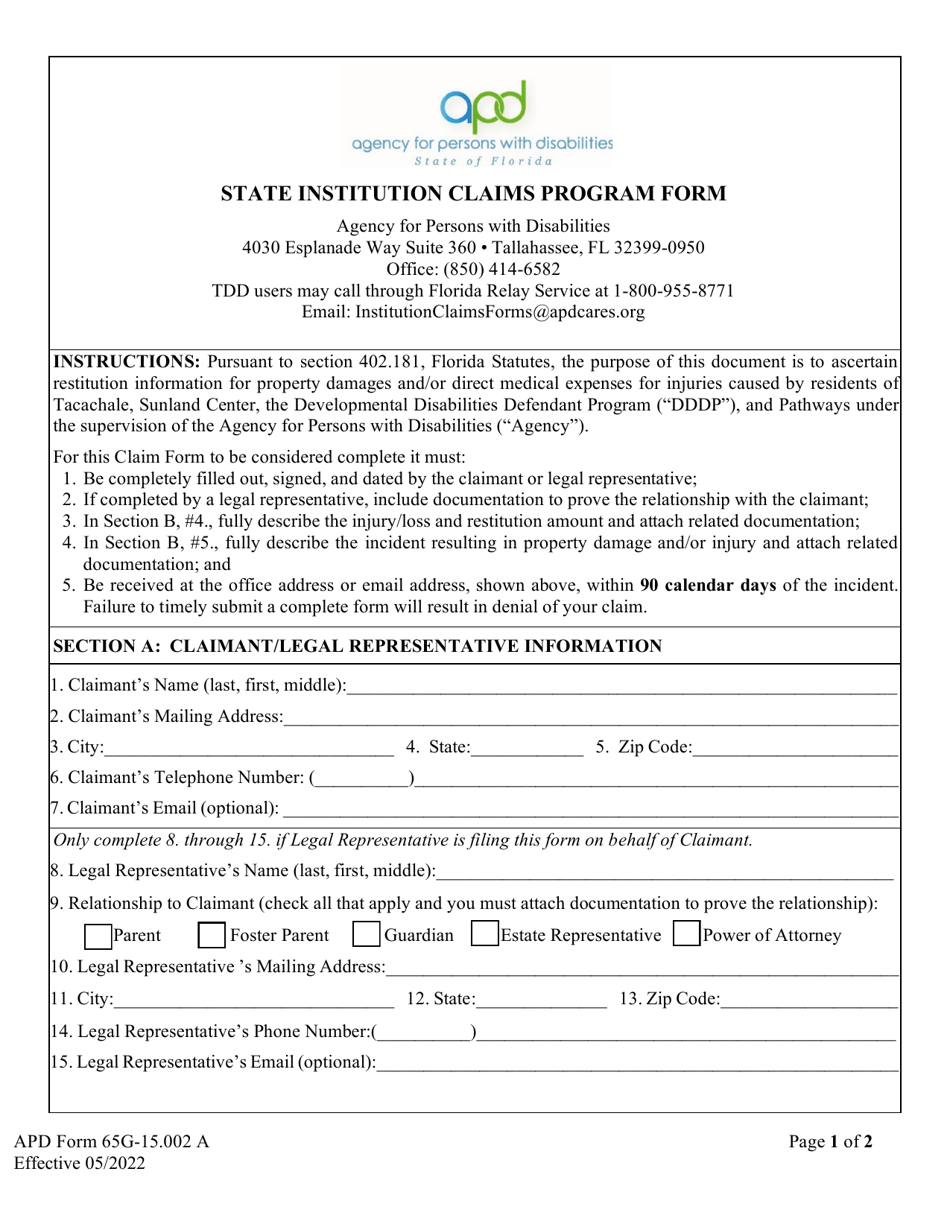 APD Form 65G-15.002 A State Institution Claims Program Form - Florida, Page 1
