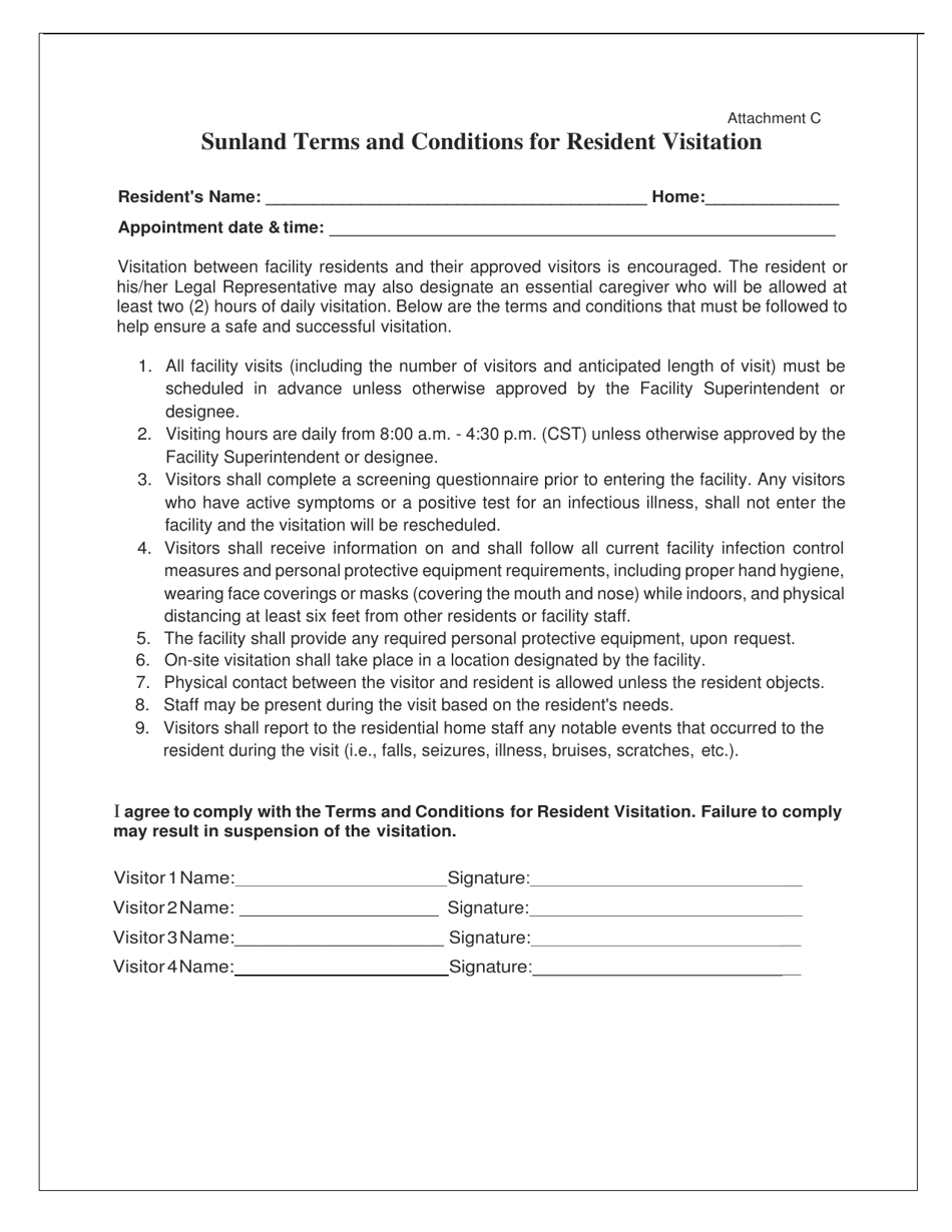 Attachment C Sunland Terms and Conditions for Resident Visitation - Florida, Page 1