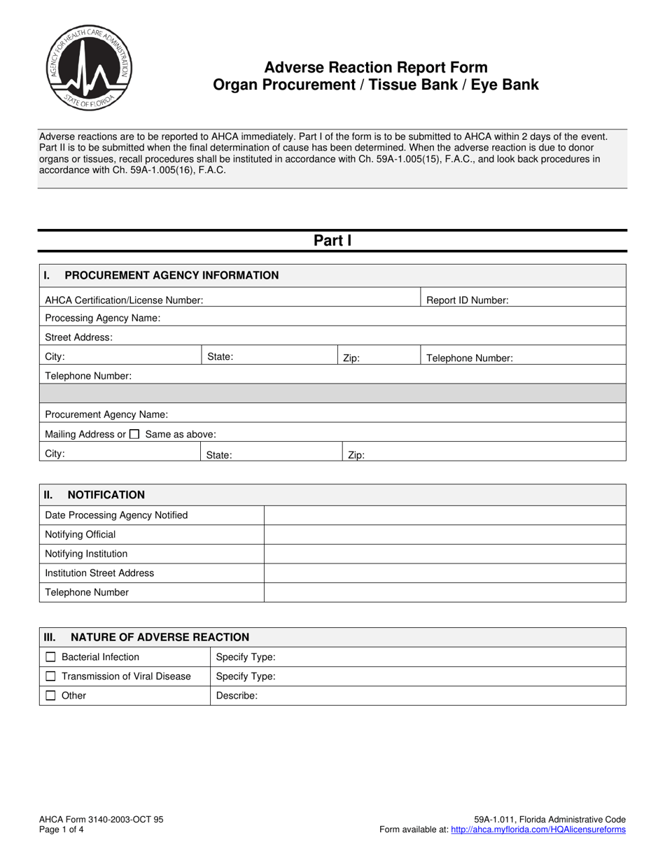 AHCA Form 3140-2003 Adverse Reaction Report Form - Organ Procurement / Tissue Bank / Eye Bank - Florida, Page 1