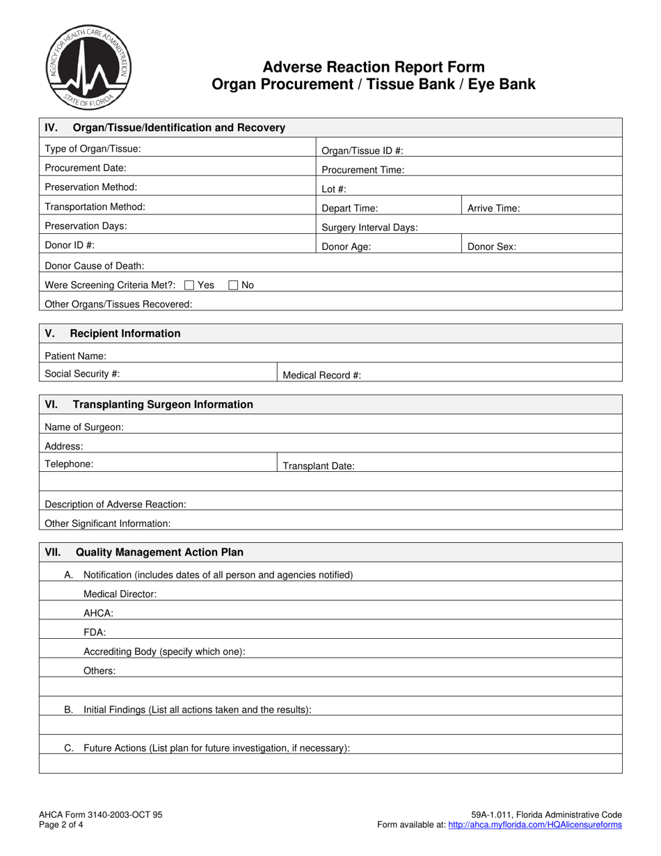 AHCA Form 3140-2003 Adverse Reaction Report Form - Organ Procurement / Tissue Bank / Eye Bank - Florida, Page 2