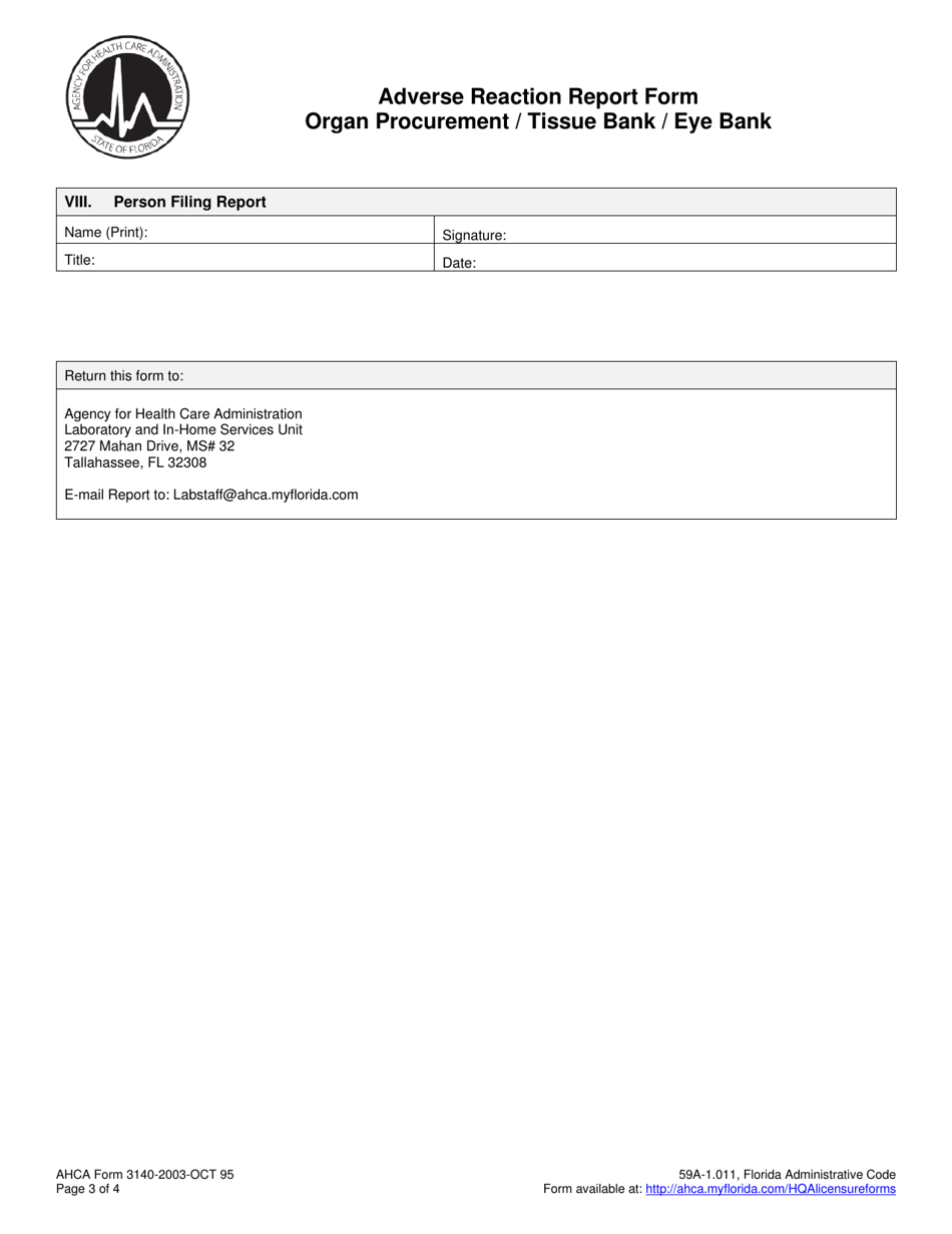 AHCA Form 3140-2003 Adverse Reaction Report Form - Organ Procurement / Tissue Bank / Eye Bank - Florida, Page 3