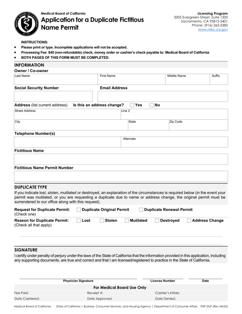 Application for a Duplicate Fictitious Name Permit - California Download Pdf