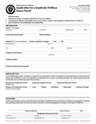 Application for a Duplicate Fictitious Name Permit - California