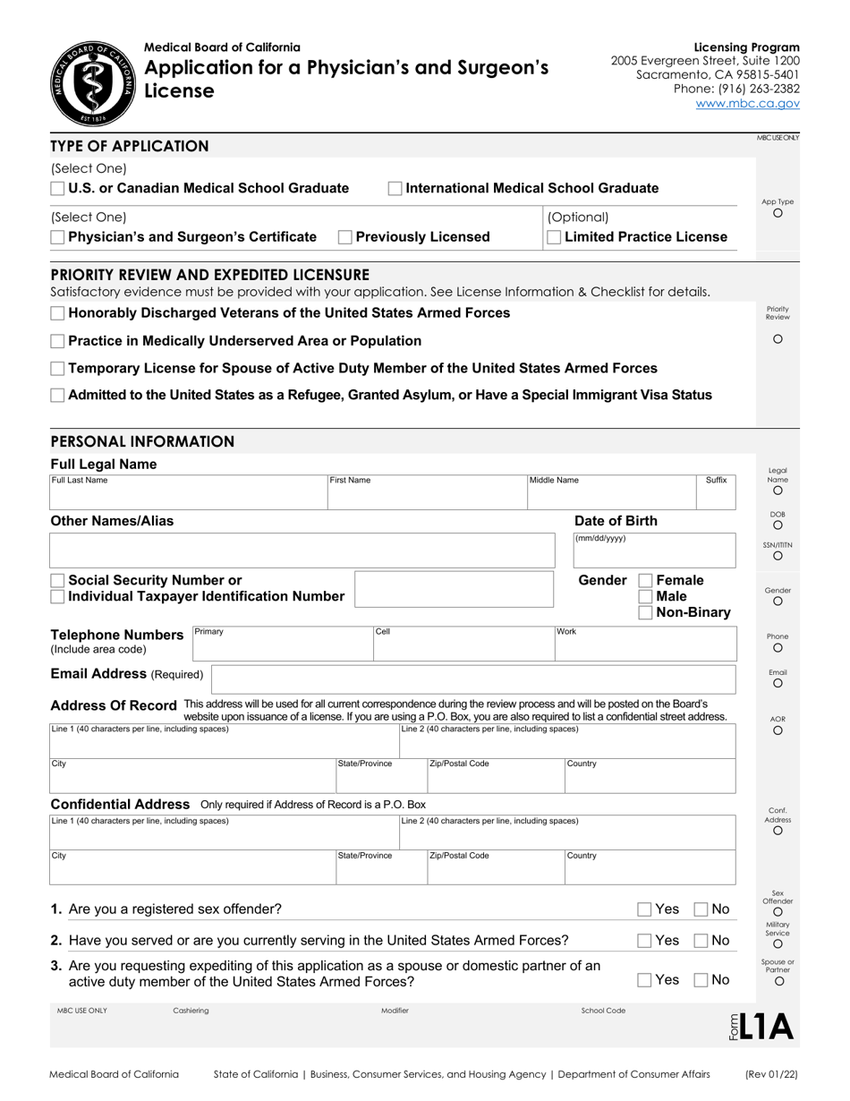 Form L1 Application for a Physicians and Surgeons License - California, Page 1