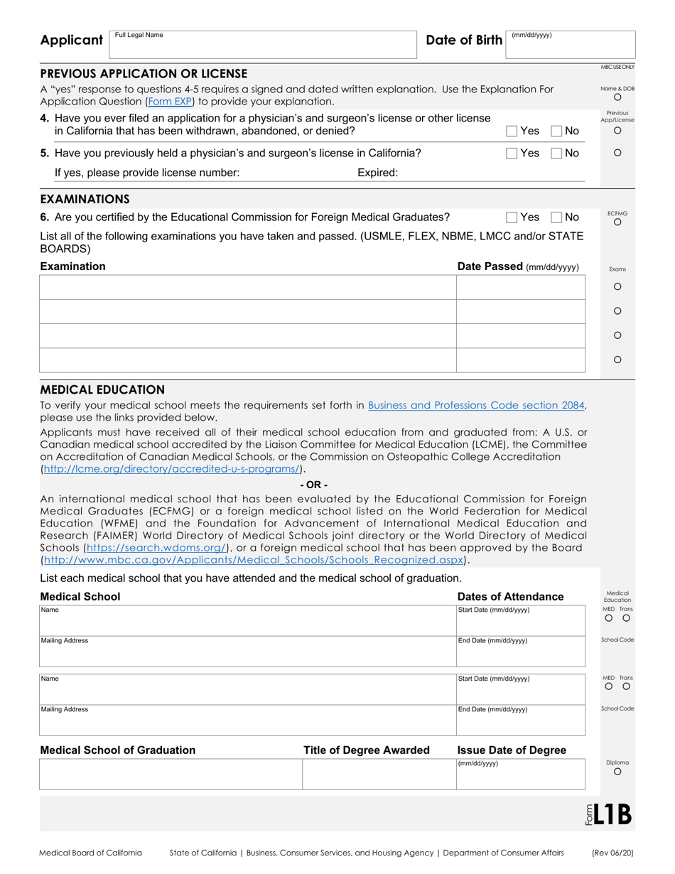 Form L1 Application for a Physicians and Surgeons License - California, Page 2
