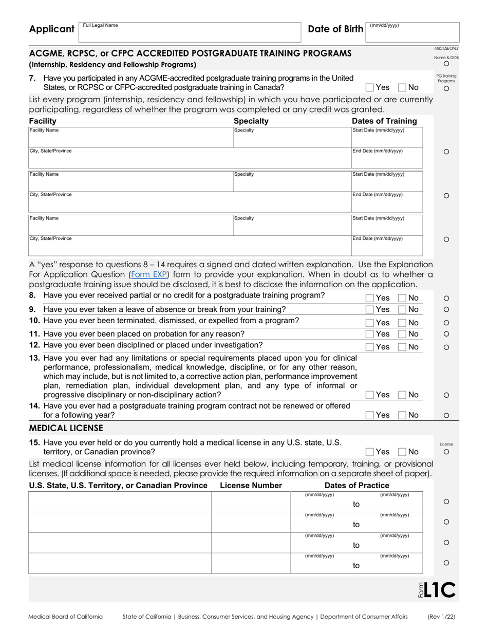 Form L1 Application for a Physicians and Surgeons License - California, Page 3