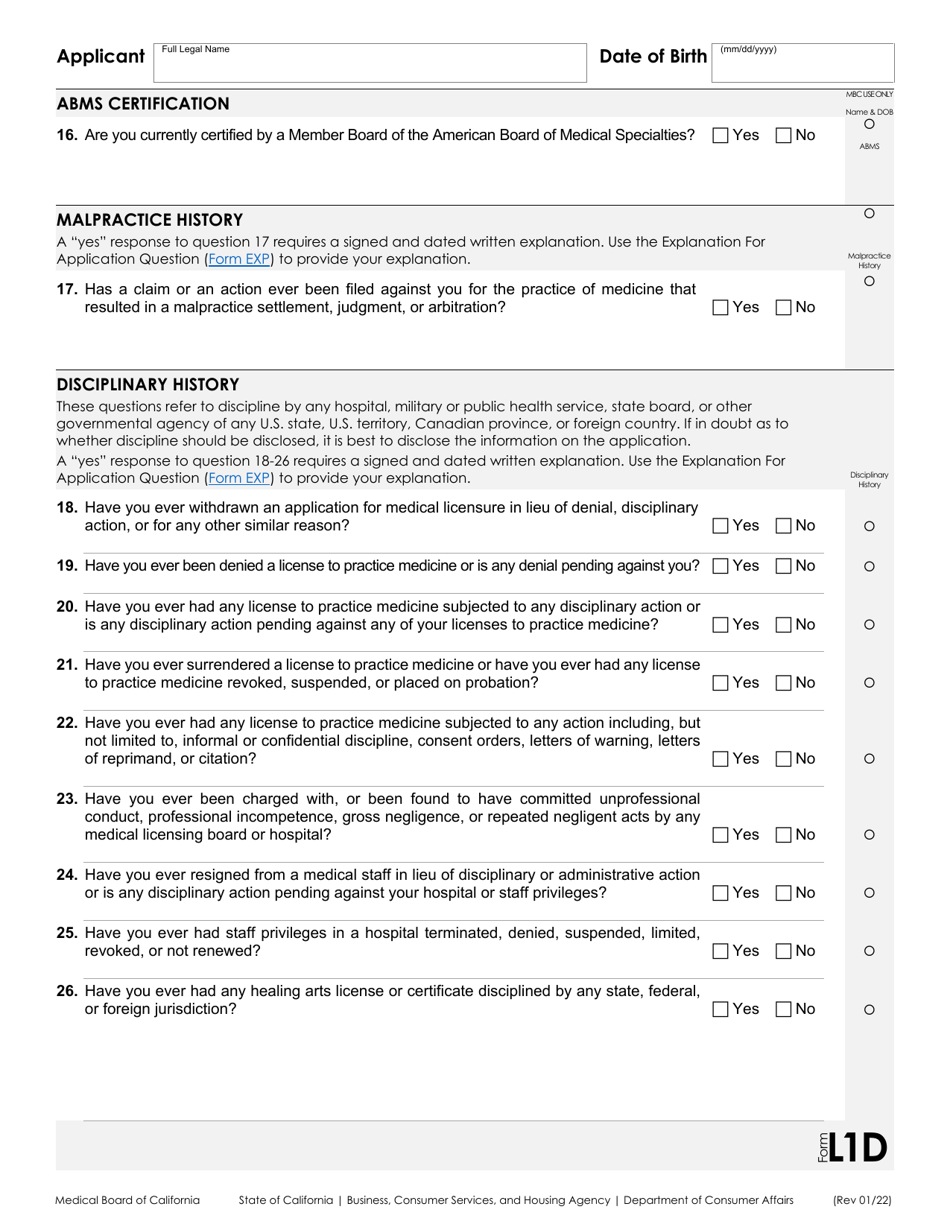 Form L1 Application for a Physicians and Surgeons License - California, Page 4