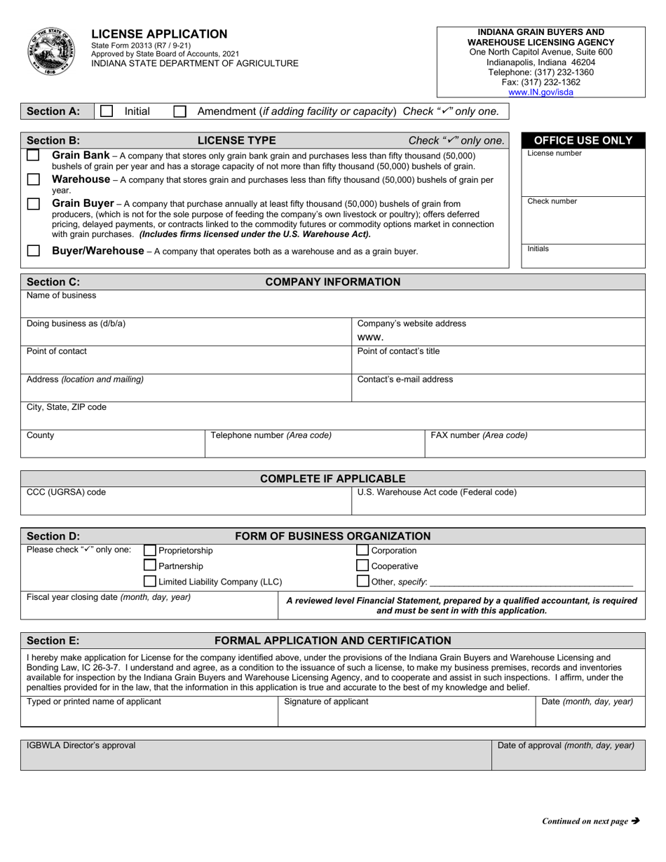 State Form 20313 License Application - Indiana, Page 1