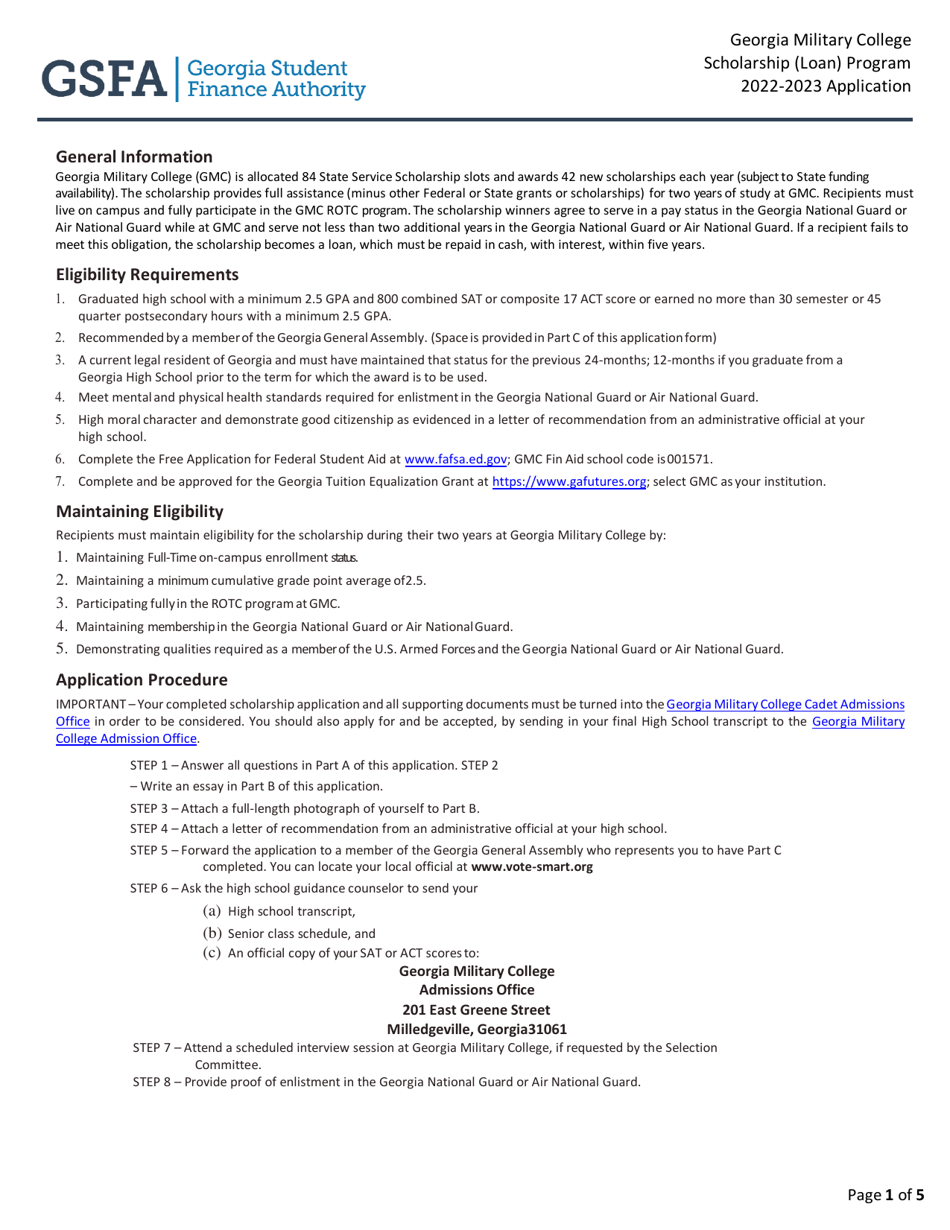 Application Form - Georgia Military College Scholarship (Loan) Program - Georgia (United States), Page 1