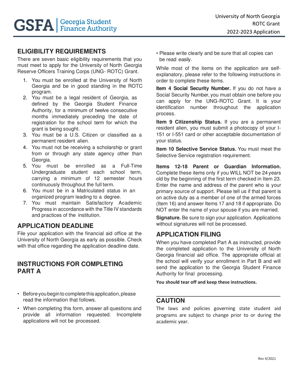 Application Form - University of North Georgia Rotc Grant - Georgia (United States), Page 1