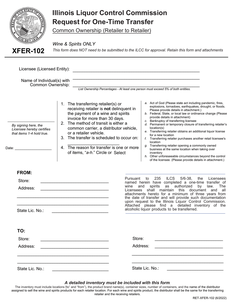 Form RET-XFER-102 Request for One-Time Transfer - Common Ownership (Retailer to Retailer) - Illinois, Page 1