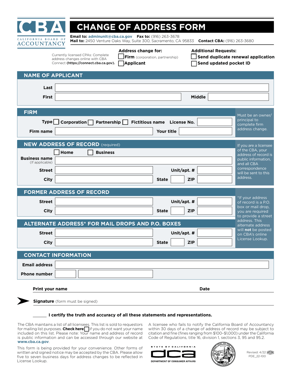 Form PDE_22-100 Change of Address Form - California, Page 1