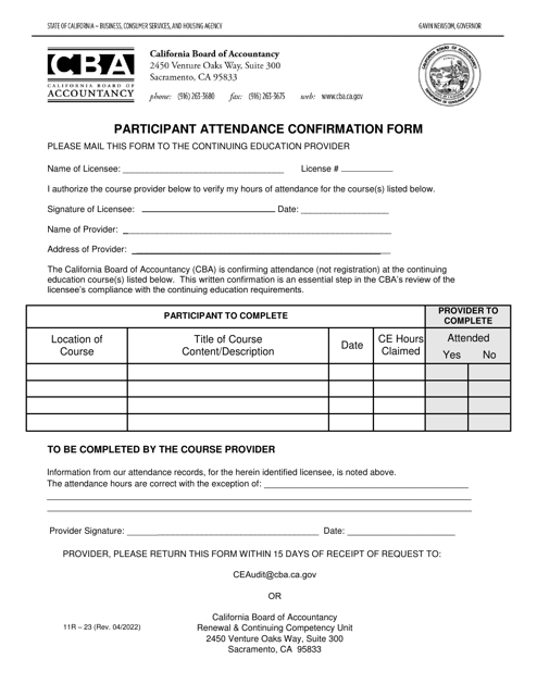 Form 11R-23 Participant Attendance Confirmation Form - California