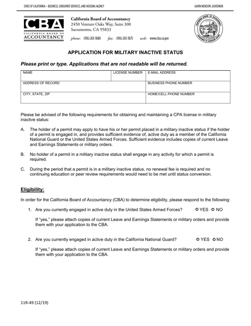 Form 11R-49 Application for Military Inactive Status - California