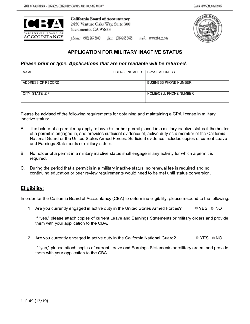 Form 11R-49 Application for Military Inactive Status - California, Page 1