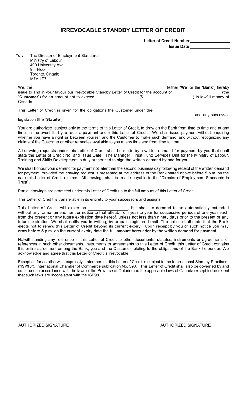 Irrevocable Standby Letter of Credit - Ontario, Canada, Page 1