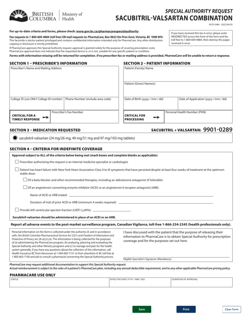 Form HLTH5484 Special Authority Request - Sacubitril-Valsartan Combination - British Columbia, Canada