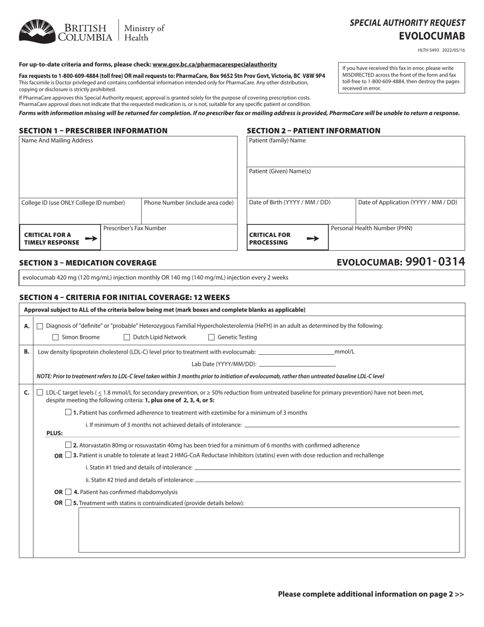 Form HLTH5493 Special Authority Request - Evolocumab - British Columbia, Canada, Page 1