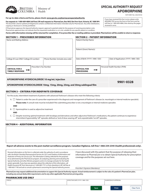 Form HLTH5809 Special Authority Request - Apomorphine - British Columbia, Canada