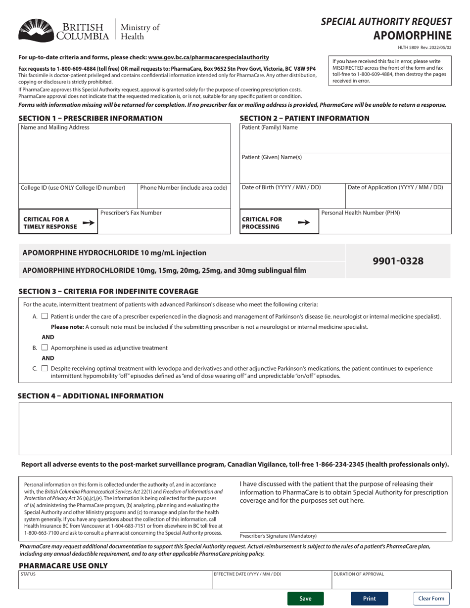 Form HLTH5809 Special Authority Request - Apomorphine - British Columbia, Canada, Page 1