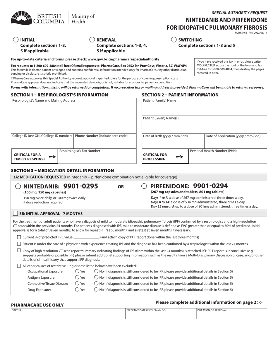 Form HLTH5468 Special Authority Request - Nintedanib and Pirfenidone for Idiopathic Pulmonary Fibrosis - British Columbia, Canada, Page 1