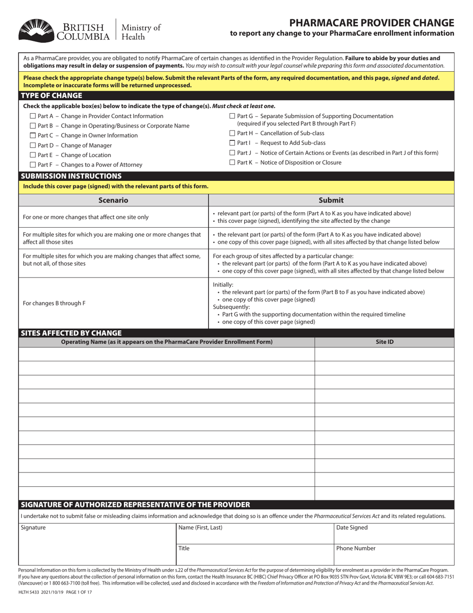 Form HLTH5433 Pharmacare Provider Change to Report Any Change to Your Pharmacare Enrollment Information - British Columbia, Canada, Page 1