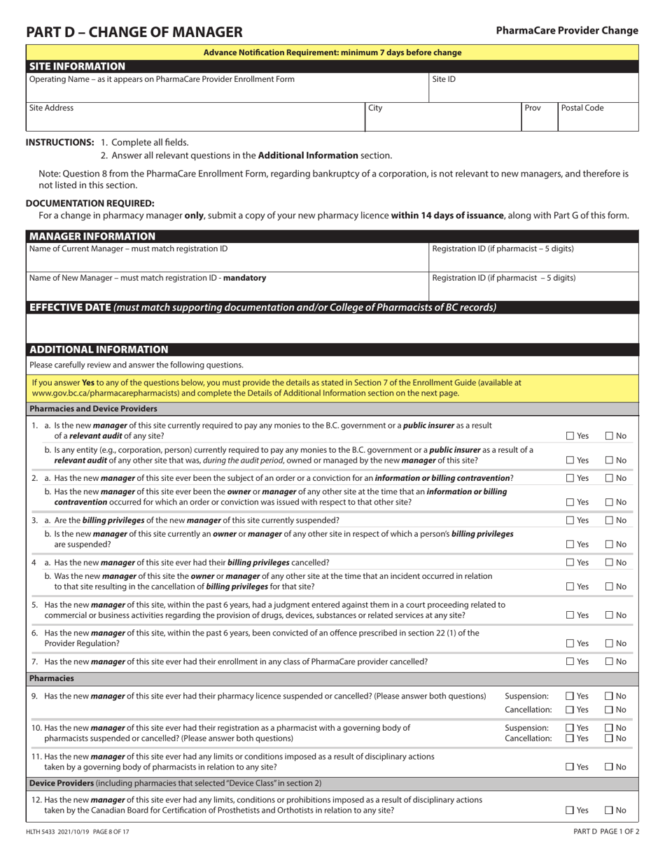 Form HLTH5433 Pharmacare Provider Change to Report Any Change to Your Pharmacare Enrollment Information - British Columbia, Canada, Page 8