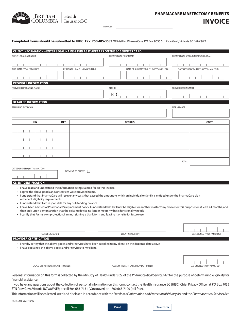 Form HLTH5415 Pharmacare Mastectomy Benefits Invoice - British Columbia, Canada, Page 1