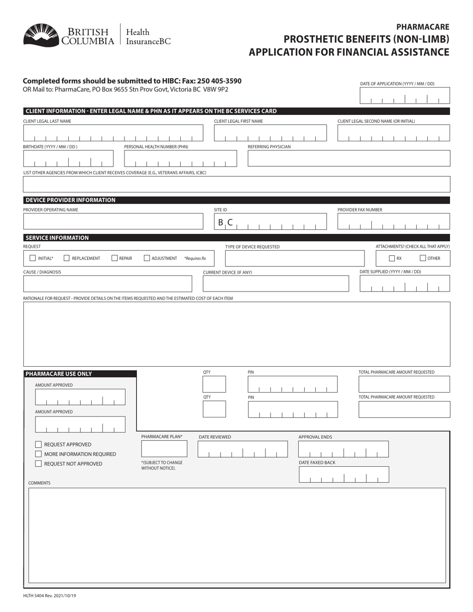 Form HLTH5404 Pharmacare Prosthetic Benefits (Non-limb) Application for Financial Assistance - British Columbia, Canada, Page 1