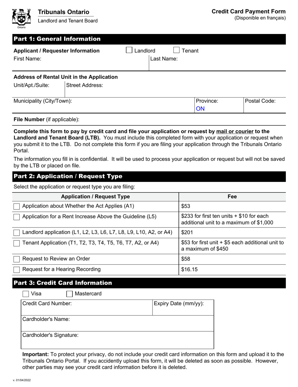 Credit Card Payment Form - Ontario, Canada, Page 1