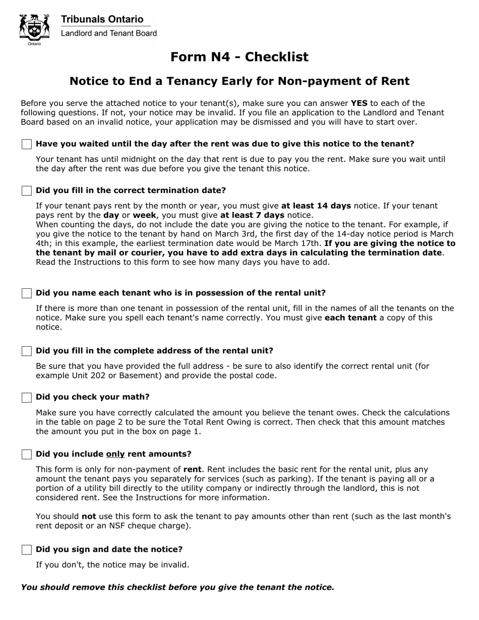 Form N4 Notice to End a Tenancy Early for Non-payment of Rent - Ontario, Canada, Page 1