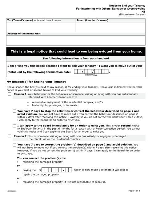 Form N5 Notice to End Your Tenancy for Interfering With Others, Damage or Overcrowding - Ontario, Canada