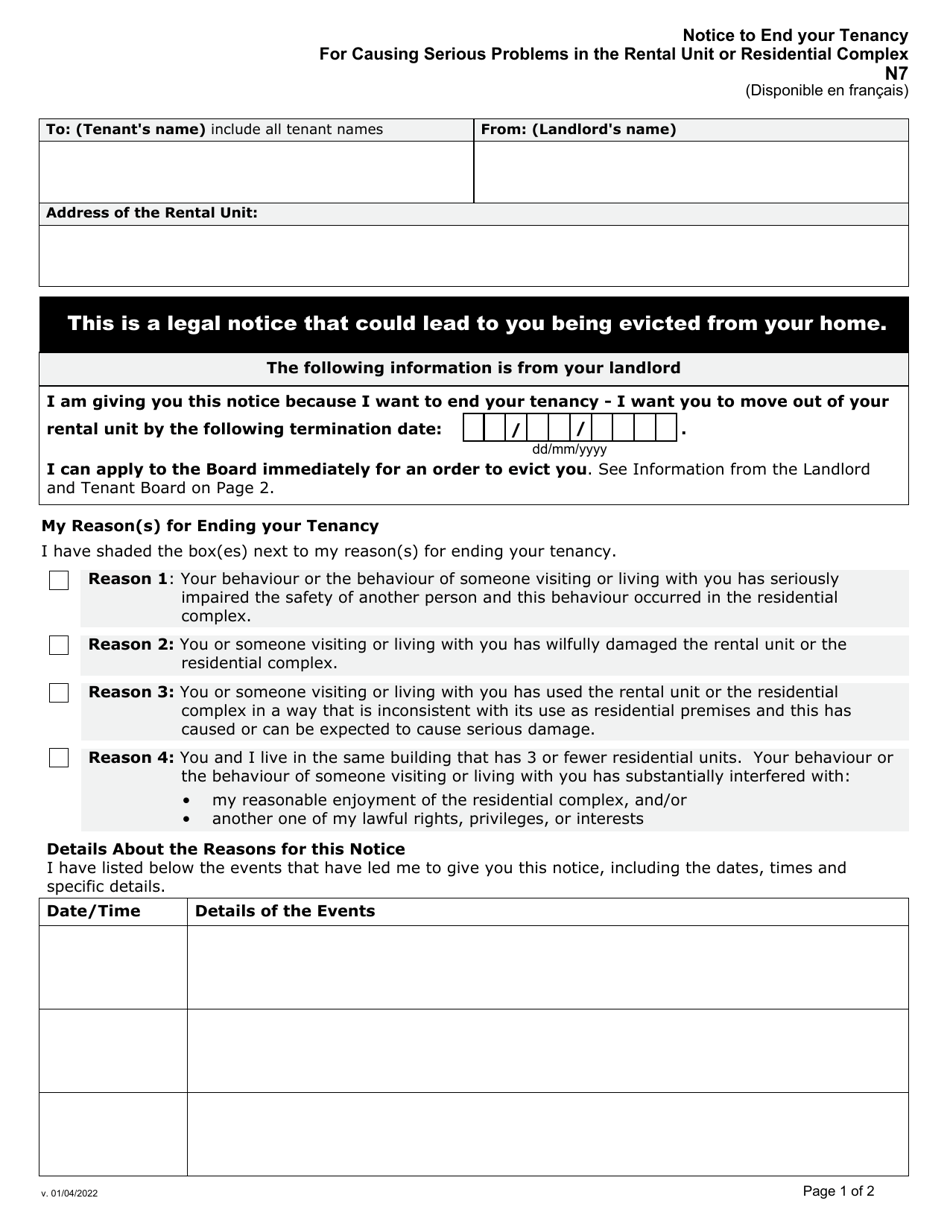Form N7 Notice to End Your Tenancy for Causing Serious Problems in the Rental Unit or Residential Complex - Ontario, Canada, Page 1