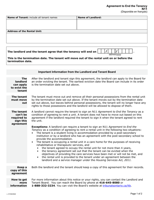 Form N11 Agreement to End the Tenancy - Ontario, Canada